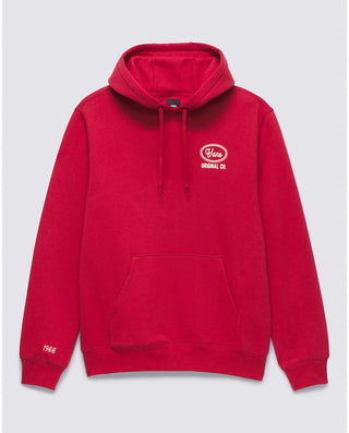 Vans Auto Shop Pullover Hoodie in Chili Pepper with front logo and back auto shop graphic.