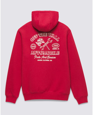 Vans Auto Shop Pullover Hoodie in Chili Pepper with front logo and back auto shop graphic.