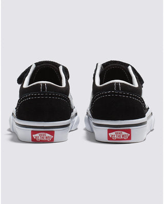 Vans Toddler Old Skool V Shoe in Black, durable, easy-to-wear with double hook-and-loop closures.