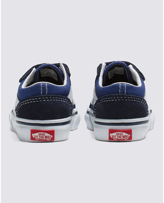 Vans Toddler Old Skool V Shoe in Navy, featuring double hook-and-loop closures and durable construction.