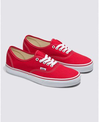 Vans Authentic Shoe in Red with sturdy canvas uppers and signature rubber waffle outsoles, timeless design.