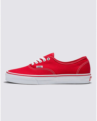Vans Authentic Shoe in Red with sturdy canvas uppers and signature rubber waffle outsoles, timeless design.