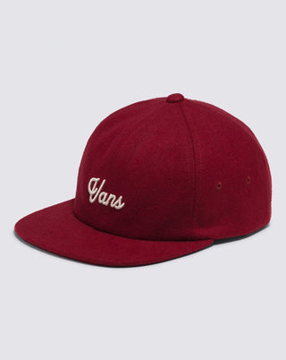Vans Script Jockey Strapback Hat in Chili Pepper red with adjustable strap and script logo, available at Drift House.