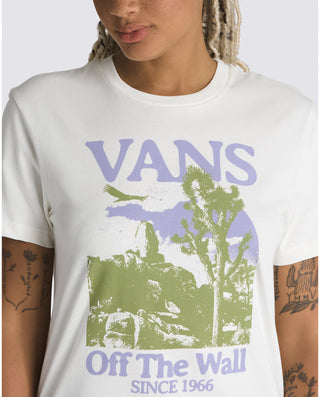 Vans Women's Desert Wasteland Boyfriend Tee in Marshmallow with desert graphic and logo.