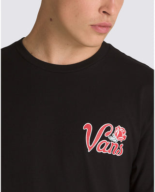 Vans Pasas black tee with front logo and back rose parade graphic, short sleeves.