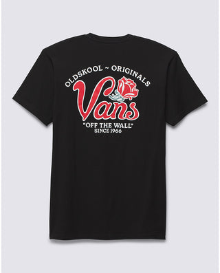 Vans Pasas black tee with front logo and back rose parade graphic, short sleeves.