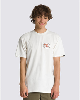 Vans Custom Classic Tee in Marshmallow with front and back printed logo, short sleeves.