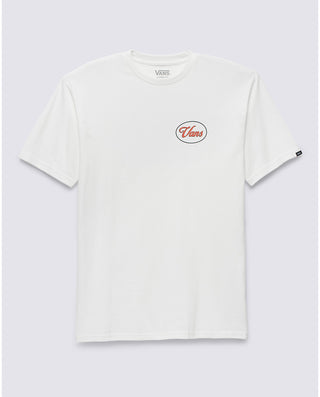 Vans Custom Classic Tee in Marshmallow with front and back printed logo, short sleeves.
