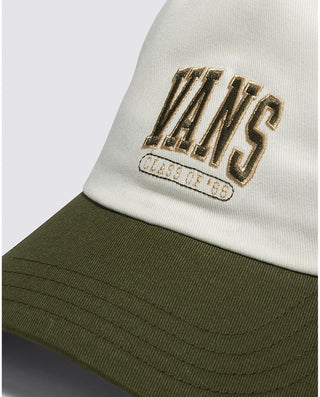 Vans Campus Cap in marshmallow and dark green with curved bill and embroidered logo.