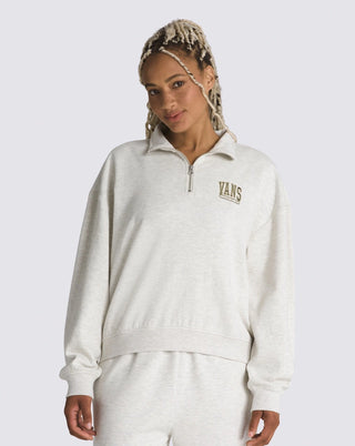 Vans Women's Canyon Half Zip Sweater in Oatmeal, reversible with embroidered logo and funnel neck.