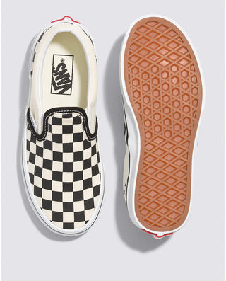 Vans Kids Classic Slip-On Checkerboard in Black, iconic design with comfort and style.