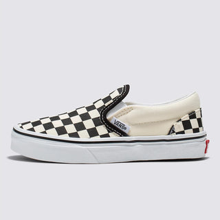 Vans Kids Classic Slip-On Checkerboard in Black, iconic design with comfort and style.