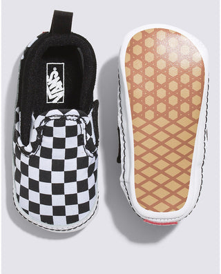 Vans Infant Slip-On V Crib Checker in Black/White, easy wear with iconic checkerboard pattern.