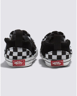 Vans Infant Slip-On V Crib Checker in Black/White, easy wear with iconic checkerboard pattern.