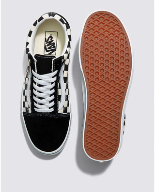 Vans Primary Check Old Skool Shoe in Black/White, durable construction, iconic checkerboard design, rubber waffle outsoles.