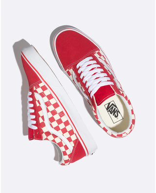 Vans Primary Check Old Skool Shoe in Red/White, featuring durable suede, canvas uppers, and signature waffle outsoles.
