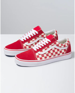 Vans Primary Check Old Skool Shoe in Red/White, featuring durable suede, canvas uppers, and signature waffle outsoles.