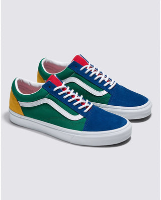 Vans Old Skool Yacht Club Shoe in blue, green, yellow, with durable suede, canvas uppers, and rubber waffle outsoles.