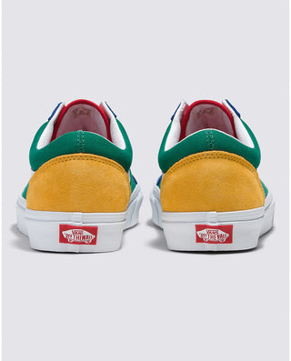 Vans Old Skool Yacht Club Shoe in blue, green, yellow, with durable suede, canvas uppers, and rubber waffle outsoles.
