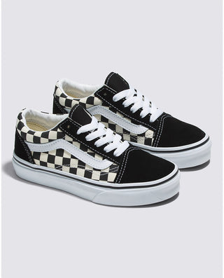 Vans Kids Old Skool Primary Check Shoe in Black/White, iconic Sidestripe, durable design, suitable for active kids.