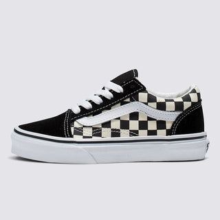 Vans Kids Old Skool Primary Check Shoe in Black/White, iconic Sidestripe, durable design, suitable for active kids.