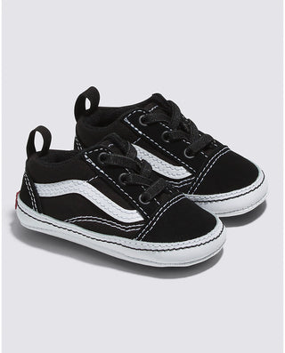 Vans Infant Old Skool Crib Shoe in Black/True White, durable and easy for baby's first steps.