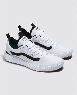 Vans UltraRange EXO Shoe in White/Black, featuring breathable upper, UltraCush Lite midsole, and all-terrain grip outsoles.