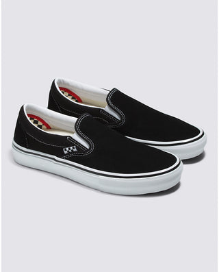 Vans Skate Slip-On Shoe in Black/White, featuring DURACAP reinforcement, SickStick grip, and PopCush cushioning.