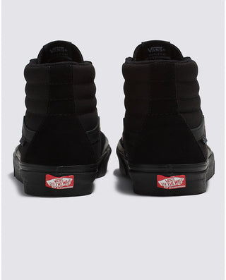 Vans Skate Sk8-Hi Shoe in Black/Black, featuring durable suede, canvas uppers, SickStick grip, and PopCush cushioning.