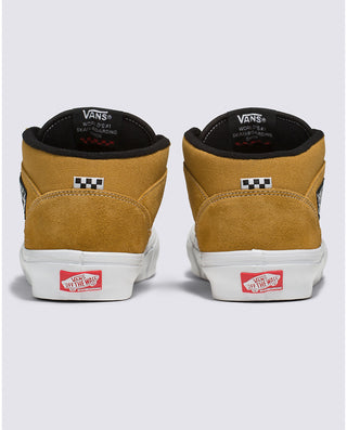Vans Skate Half Cab shoe in Gold with suede, canvas uppers, and enhanced features for skateboarding.