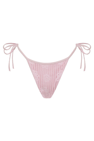 FRANKIES BIKINIS X Pamela Anderson Venice Cheeky Bikini Bottom in Pink Dream, a trendy and flirty swimwear piece with adjustable side straps, ruffle detailing, and gold-tone hardware accents.