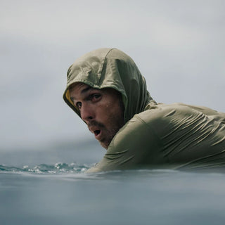 Roark Venture Long Sleeve UPF Hoodie in Sage — UPF 50+ GRS-certified recycled polyester hoodie with durable snag-resistant fabric and thumbholes for in and out of water coverage