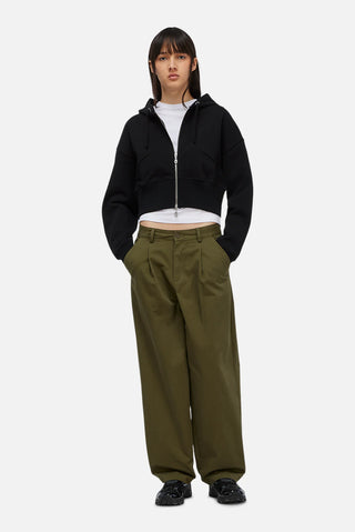 Black Dime cropped zip hoodie with relaxed fit, dropped shoulders, and minimalist embroidered chest logo.

