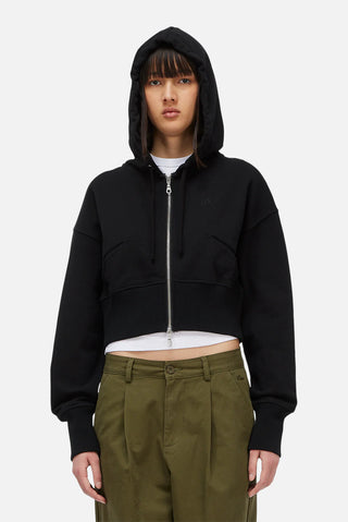 Black Dime cropped zip hoodie with relaxed fit, dropped shoulders, and minimalist embroidered chest logo.
