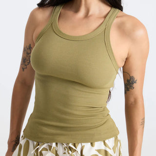 Roark Wind Worn Tank Top in Dusty Olive - women's technical tank top with dri-release rib knit fabric, moisture wicking, skinny straps, and cropped fit