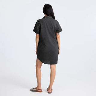 Roark Women's Bless Up Dress in Black, relaxed fit technical perforated shirt dress in 68% nylon 32% polyester with moisture-wicking quick-dry fabric, rubberized buttons, magnetic pocket closure, and leopard printed lining