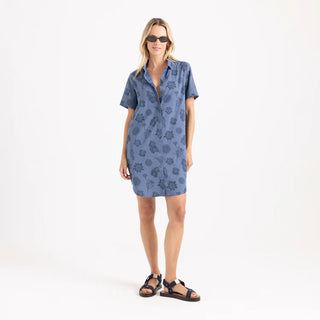 Roark Bless Up Dress in Washed Indigo - relaxed fit perforated shirt dress with moisture-wicking quick-dry fabric and magnetic pockets