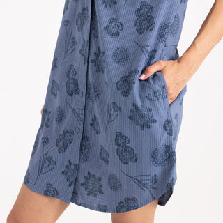 Roark Bless Up Dress in Washed Indigo - relaxed fit perforated shirt dress with moisture-wicking quick-dry fabric and magnetic pockets