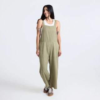 Roark Women's Costa Jumpsuit in Dusty Olive, relaxed fit lightweight woven jumpsuit in 60% organic cotton 40% Tencel with adjustable back straps, front and back patch pockets
