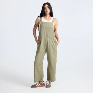 Roark Women's Costa Jumpsuit in Dusty Olive, relaxed fit lightweight woven jumpsuit in 60% organic cotton 40% Tencel with adjustable back straps, front and back patch pockets
