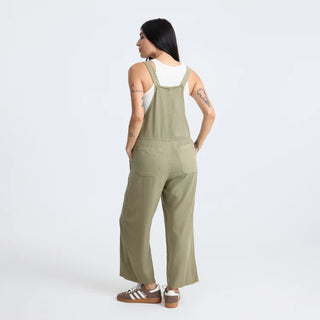 Roark Women's Costa Jumpsuit in Dusty Olive, relaxed fit lightweight woven jumpsuit in 60% organic cotton 40% Tencel with adjustable back straps, front and back patch pockets