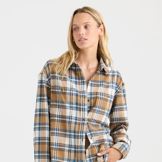 Roark Amberley Light Long Sleeve Flannel in Dark Khaki - oversized fit flannel with yarn-dyed plaid, chest pockets, and horn button closure