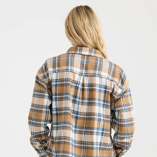 Roark Amberley Light Long Sleeve Flannel in Dark Khaki - oversized fit flannel with yarn-dyed plaid, chest pockets, and horn button closure
