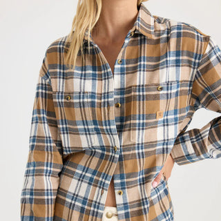 Roark Amberley Light Long Sleeve Flannel in Dark Khaki - oversized fit flannel with yarn-dyed plaid, chest pockets, and horn button closure