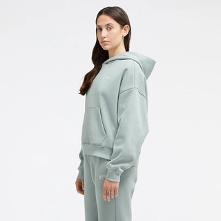 New Balance Women's fleece hoodie; eco-friendly, vintage-style; soft brushed back; kangaroo pocket.