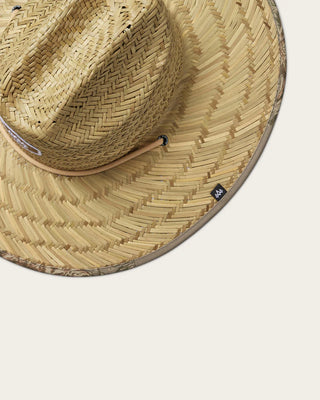 Hemlock Hat Co. Wildwood straw lifeguard hat with UPF 50+, wide brim, and distinctive under-brim print.