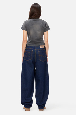 Dime Women’s Baggy Denim Pants in Indigo with curved front pockets and a relaxed baggy silhouette