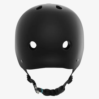 Matte black YEPA T-Shell skate helmet with stone grey outlined logo, black straps, and low-profile fit.