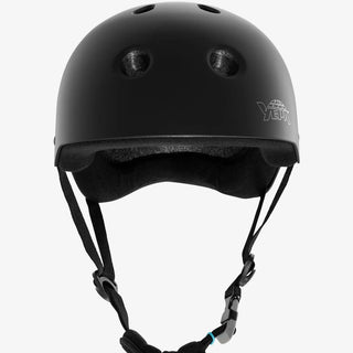 Matte black YEPA T-Shell skate helmet with stone grey outlined logo, black straps, and low-profile fit.