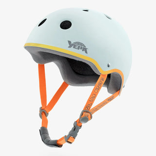 Ice blue YEPA skate helmet with neon gradient stripe, clear logos, and orange webbing, shown in matte finish.